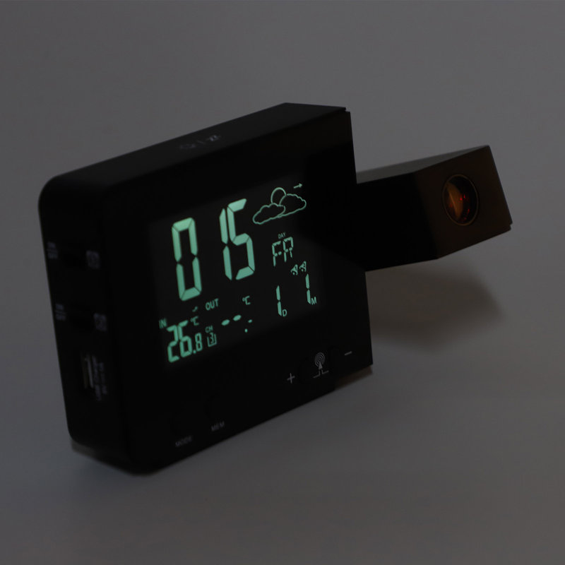 Réveil à projection, rétroéclairage couleur 8, affichage de la température et de la météo, fonction snooze, prise USB 100-240 V.