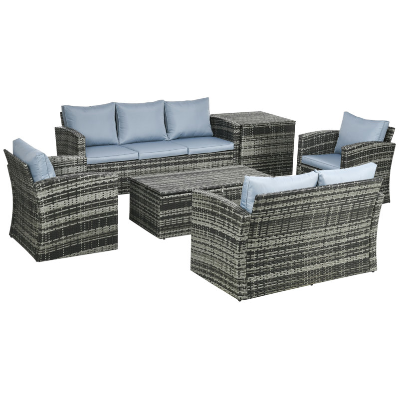 Wicker 7 - Person Garden Lounge Set with Cushions, Grey