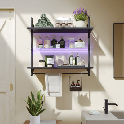 41" Floating Shelves For Wall With Led Light 3-Tier Wall-Mounted Wood Shelves With 8 S-Hooks
