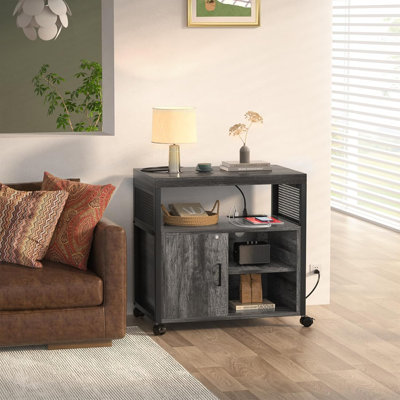 Classeur latéral à roulettes verrouillable Black Oak - Classeur de bureau avec prise / port USB, support d'imprimante moderne (avec porte et rangement ouvert)