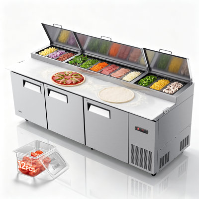 Réfrigérateur commercial de 239 cm de largeur (29,4 po) avec table de préparation de pizzas de 837 litres (29,6 pi³), comptoir réfrigéré pour salades avec planche à découper ultra-large de 48 cm (19 po), refroidisseur de préparation alimentaire en acier inoxydable Mega Top, 12 bacs de 80 x 1/3 po avec couvercles