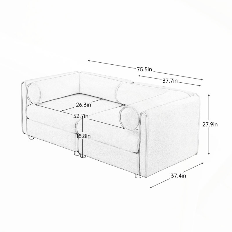 Stylish White Chenille 2-Seater Sofa with Storage, Cylindrical Backrest and Armrests, Modern Fabric Loveseat, White, 2