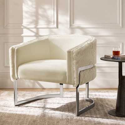Rosetta 31" W Glam Faux Fur Fully Assembled Barrel Chair with Highly Polished Steel Legs