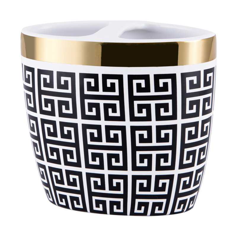 Derby Black and White Ceramic Toothbrush Holder with Gold Accent