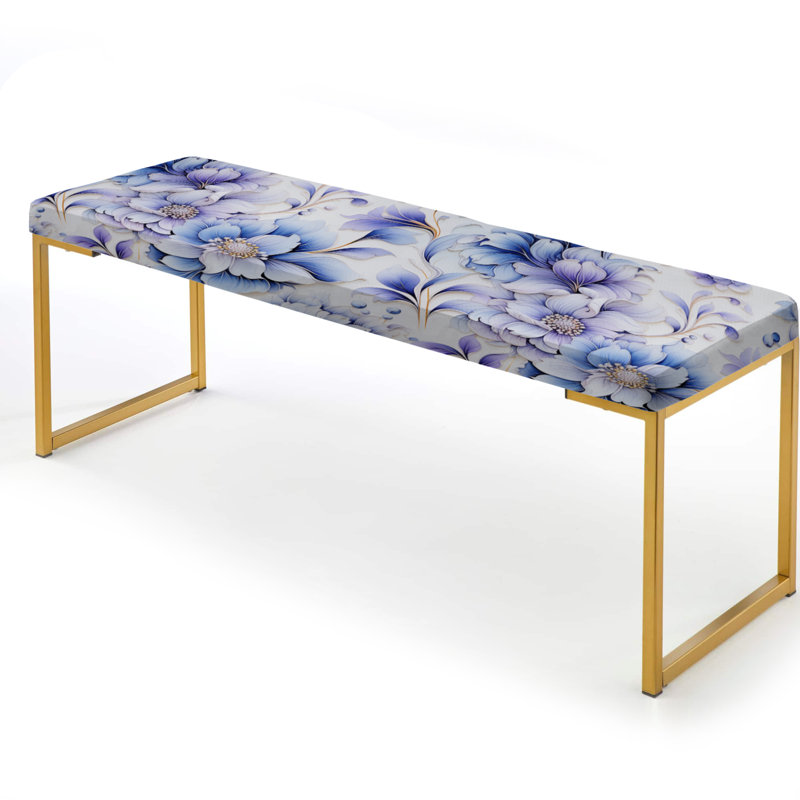 Banc floral rembourré or, Aquarelle mauve et bleu damas Dahlia Mirage