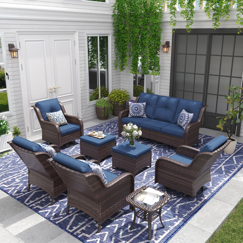 Ensembles de conversation d'extérieur Pe Wicker, Coussin bleu marine / structure brune