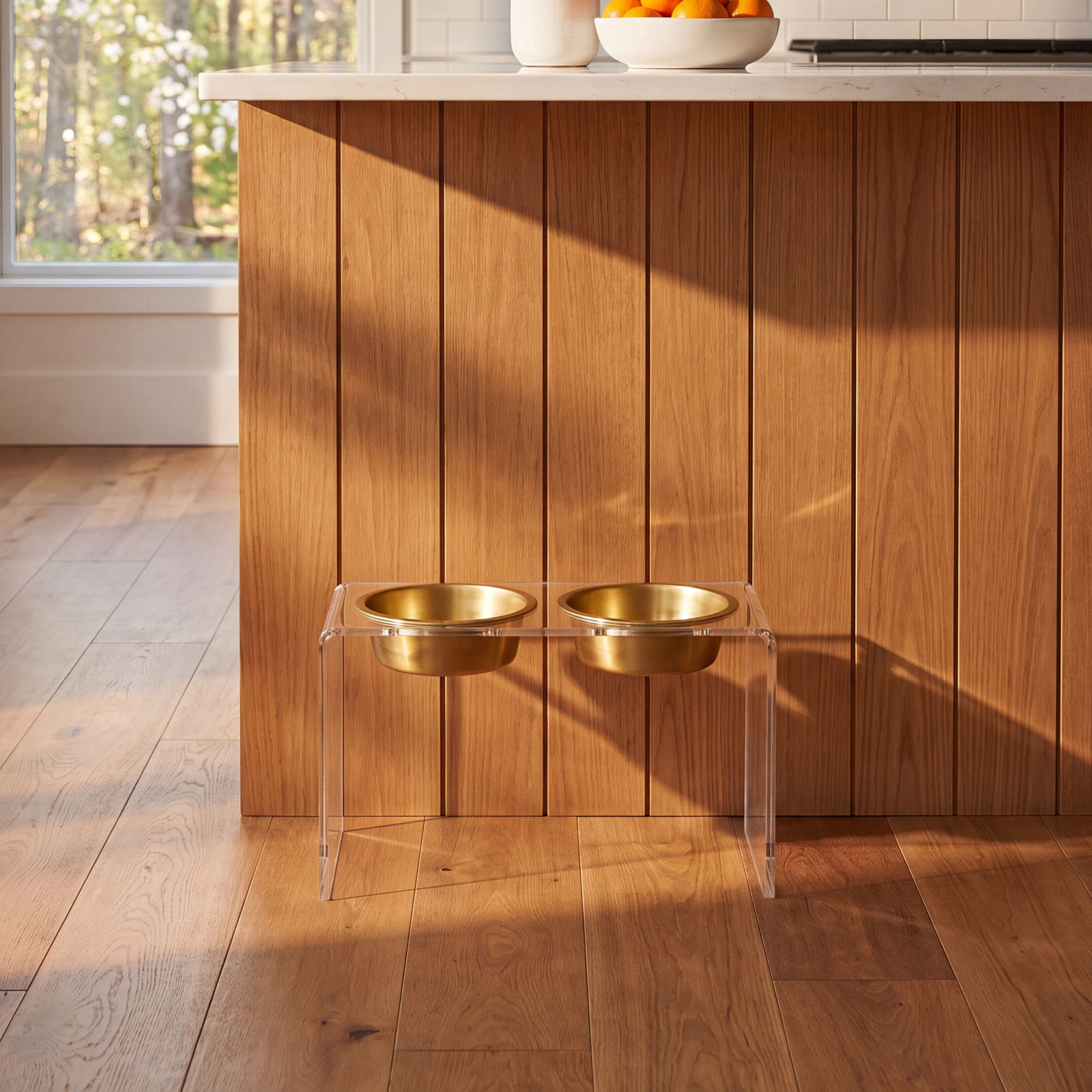 Tall Clear Elevated Feeder with Bowls, Gold, Clear