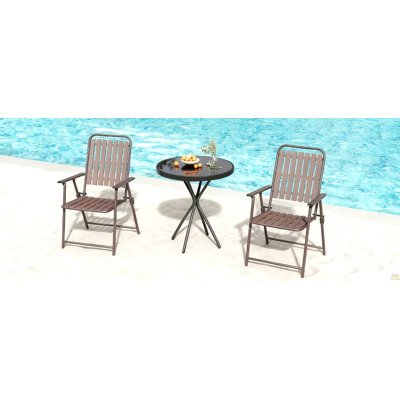 3-Piece Outdoor Patio Furniture Set, Foldable Powder-Coated Metal Chair & Tempered Glass Side Table