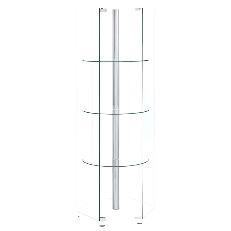 Vitrine hexagonale à 4 tablettes en verre transparent, Blanc