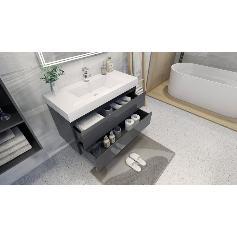 Carnetta Single Bathroom Vanity with Wood, Acrylic Top, High Gloss Gray