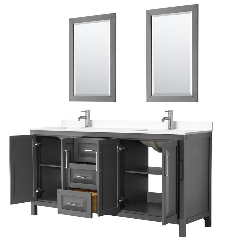 Daria 72'' Double Bathroom Vanity with Carrara Marble Top with Mirror, Polished Chrome, Dark Gray