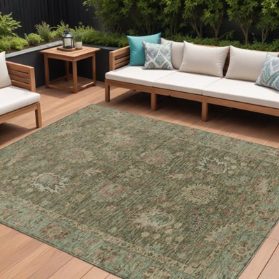 Tapis extérieur lavable floral vert olive et rouille 9 pi x 12 pi