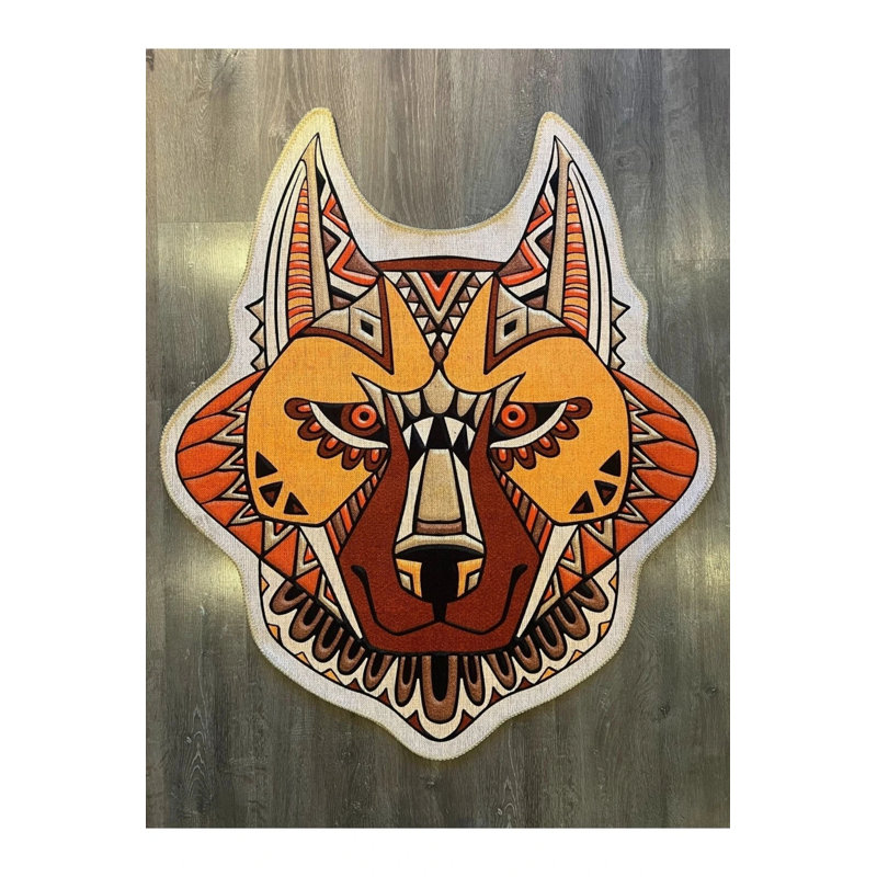 Woven Carpet With Wolf Figure, Oval 2' x 2'8"