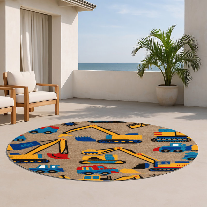 Transportation Beige Indoor and Outdoor Area Rug, Round 5'