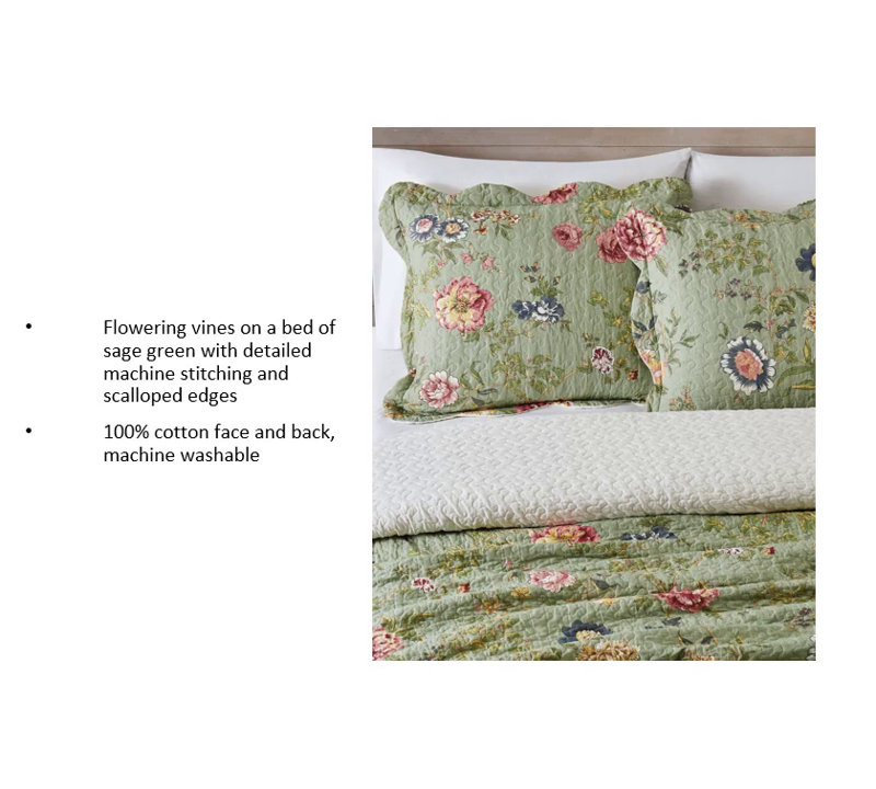 Full Sage Green Cotton Quilt Set with Floral Design