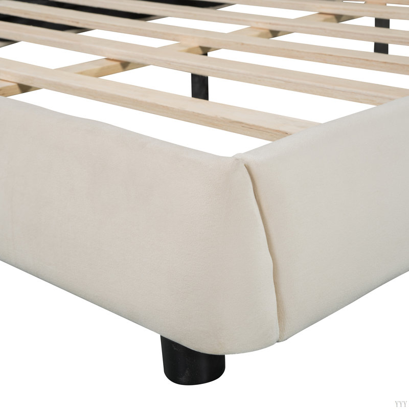 Lit plateforme tapissier en velours, structure solide et design courbé élégant, Beige