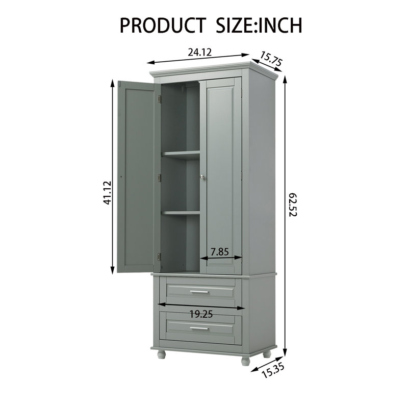 2-Drawer Freestanding Linen Cabinet With Adjustable Shelves, Gray