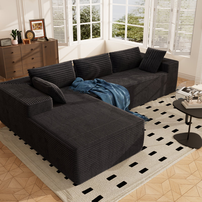 Modern 105.5" Corduroy L-Shaped Sectional Sofa, Left Chaise, No Assembly Required, Easy-Clean Fabric - Black, Black