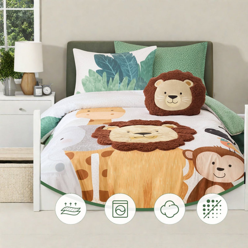 Ensembles de literie Safari, édredon vert simple en microfibre avec coussin Lion