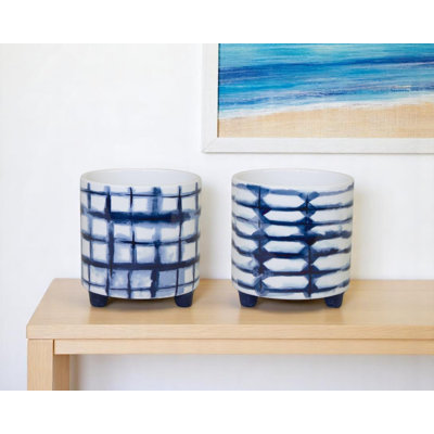 Ensemble de deux pots à fleurs ronds en cobalt et blanc 2 onces