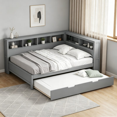 Grey Full Size Wooden Daybed with Twin Trundle, Storage Shelf & USB Charging Ports