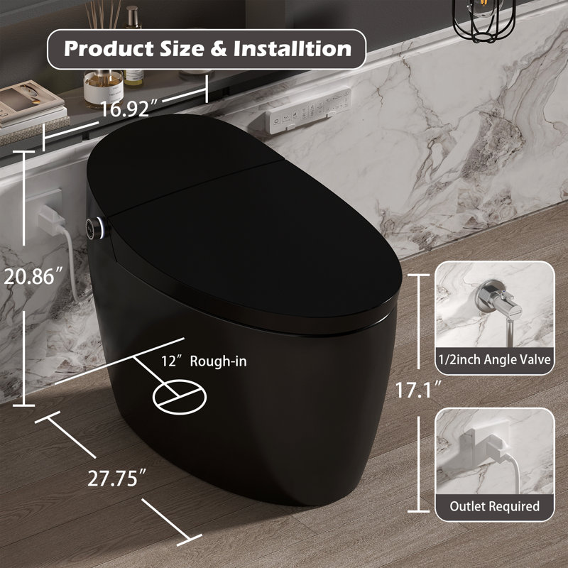Toilette intelligente bidet avec auto-pré-mouillée et chasse automatique, siège chauffant, modes de nettoyage multiples, eau chaude instantanée, séchage à l'air chaud, affichage à DEL, veilleuse