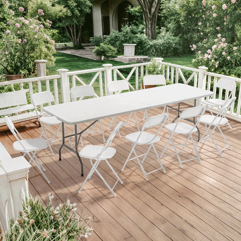 11-Piece Folding Table & 10 Red Chairs – Home/Commercial Picnic Set, 72" L, White