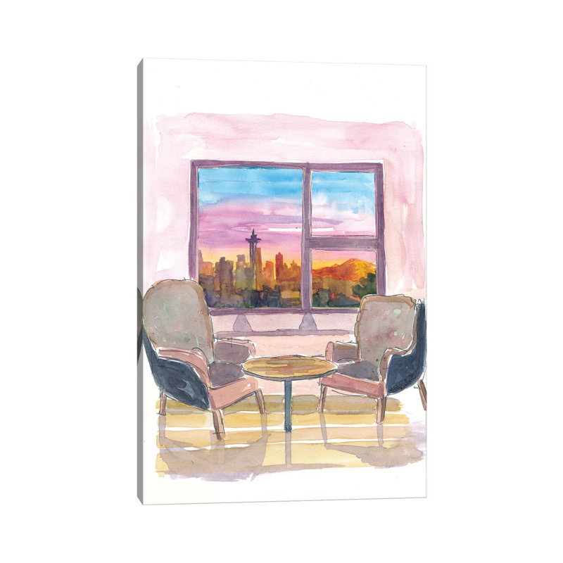 Cozy Panorama Window To Downtown Seattle Washington 1 Piece Wrapped Canvas Wall Art, 66.04 cm H x 45.72 cm W x 1.91 cm D