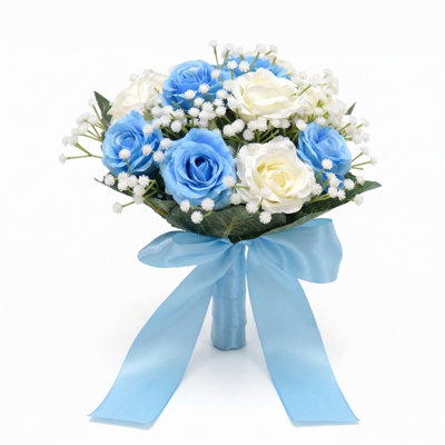 Artificial Rose & Baby's Breath Bridal Bouquet - Realistic Silk Flowers With Satin Ribbon, Multi-Colour Options For Weddings & Home Decor