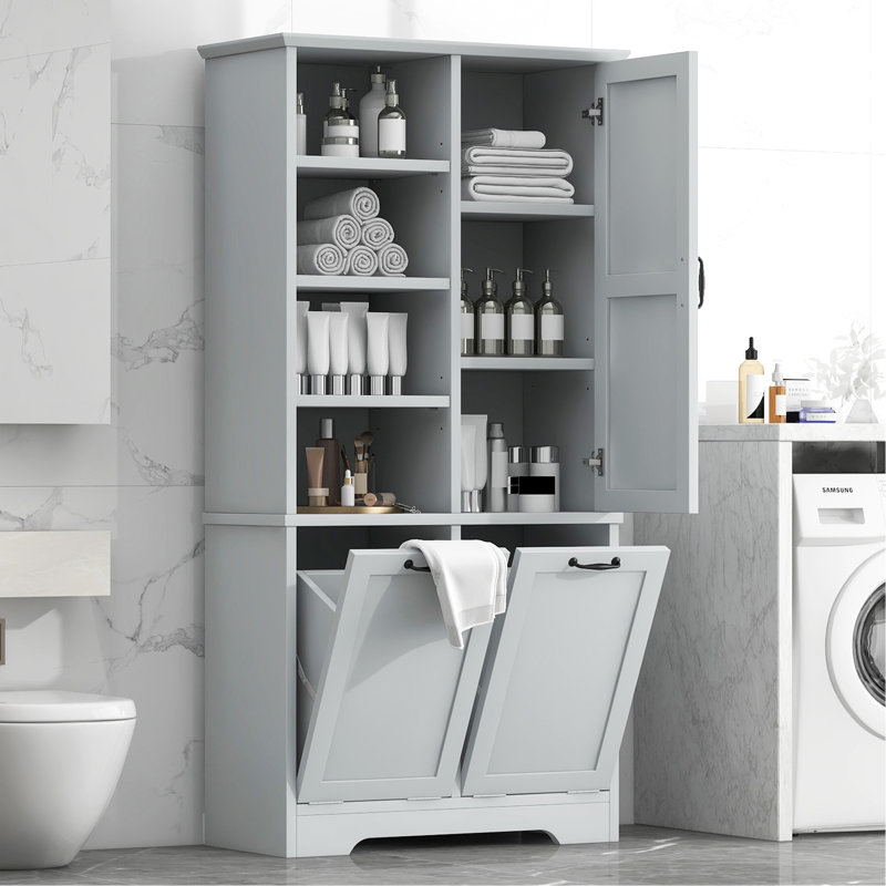 Bathroom Storage Cabinet With Doors And Drawers, Tilt-Out Laundry Hamper, Multiple Storage Space, Freestanding Style, Open Shelve, Adjustable Shelf, Gray