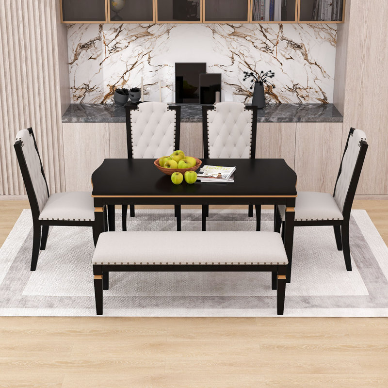 Ensemble de table de salle à manger élégant en bois pour 6 personnes avec chaises rembourrées et banc, Noir