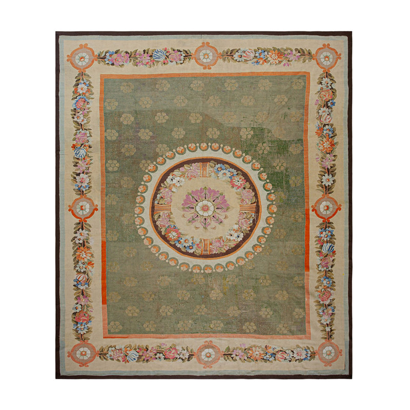 Antique Aubusson French Medallion Flat Weave Rug