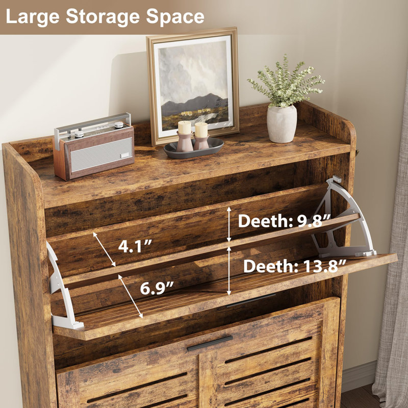 Rustic Brown Wood Shoe Cabinet with Flip Drawers