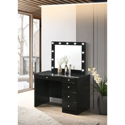 3pc Black Makeup Vanity Set with Lighted Mirror, Glass Top, 5 Drawers, Crystal Knobs, and Round Stool for Elegant Bedroom Decor