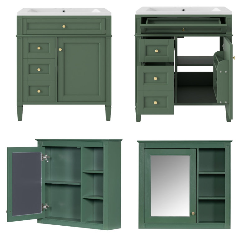 Buffet moderne en bois avec tablettes réglables, Vert/doré