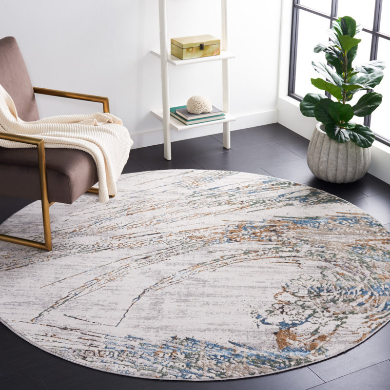 Wayde Abstract Power Loom Grey / Turquoise Area Rug, Round 6'7"