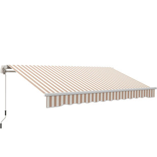 12' x 10' Manual Retractable Patio Awning, 280g/m簡 UV & Water-Resistant Sun Shade with Aluminum Frame, Crank Handle for Deck, Balcony, Yard, Beige & White