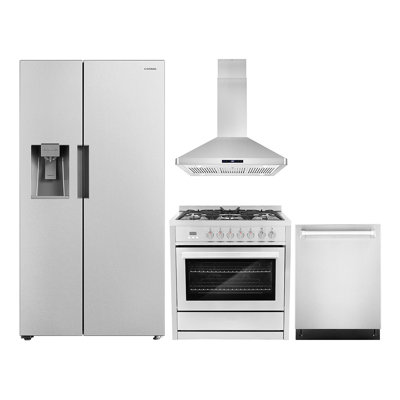 4 Piece Kitchen Set with 36" Dual Fuel Range 36" Island Range Hood 24" Dishwasher & Refrigerator