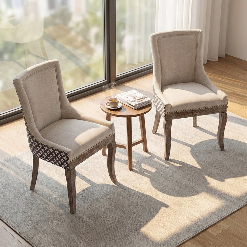 Chic Mid-Century Dining Chair Set(Set Of 2) - High Back Support, Solid Wood Frame, Bronze Accents, Gray/Blue Geometric