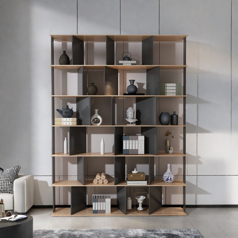A high-quality and exquisite bookcase, (6 Shelves) 86.6"H x 70.8"W x 11.8"D, Brown/Black