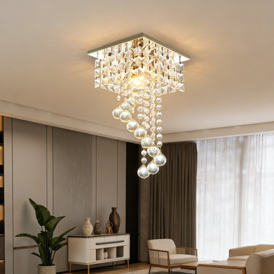 Mini lustre en cristal avec plafonniers encastrés avec cristaux K9, douille E26 à 1 lumière, conception carrée moderne pour le couloir, la chambre à coucher, le placard et les plafonds bas