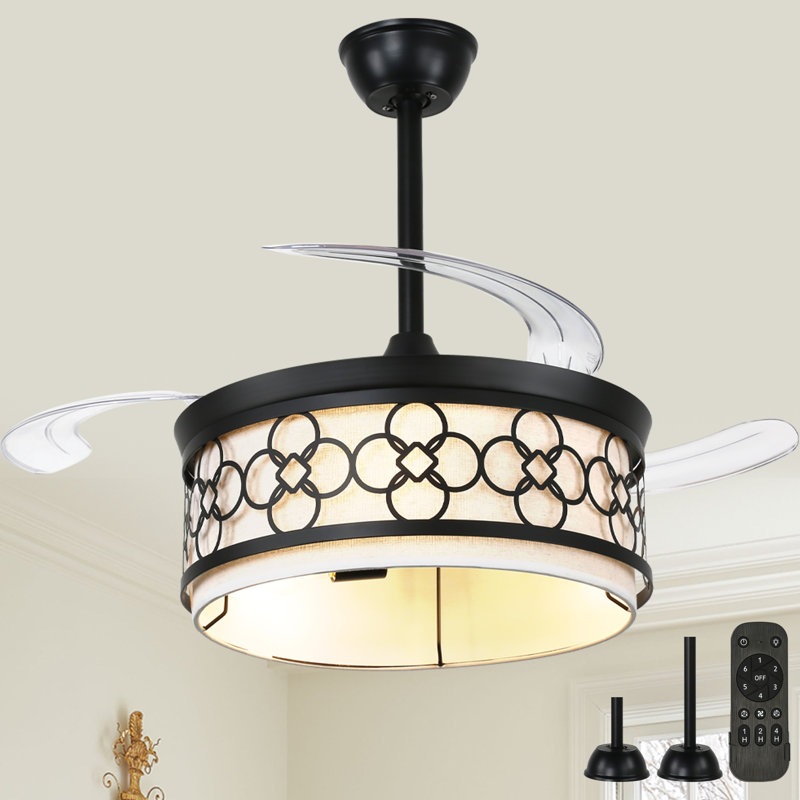 42'' Modern Retractable Ceiling Fan With Lights And Remote Control, Reversible DC Motor Caged Ceiling Fan with Fabric Shade