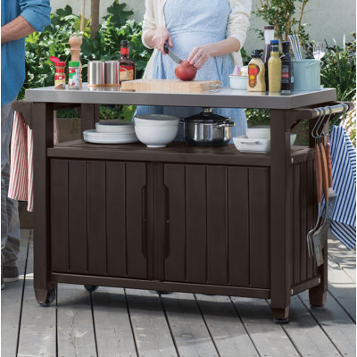 Arrilla Bar Cart Portable Outdoor Table Made of Durable Wood-look Resin And Stainless Steel Countertop Ideal For Kitchen Prep and Grilling