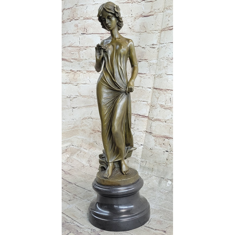Bronze Sculpture of Young Lady in Long Gown with Marble Base