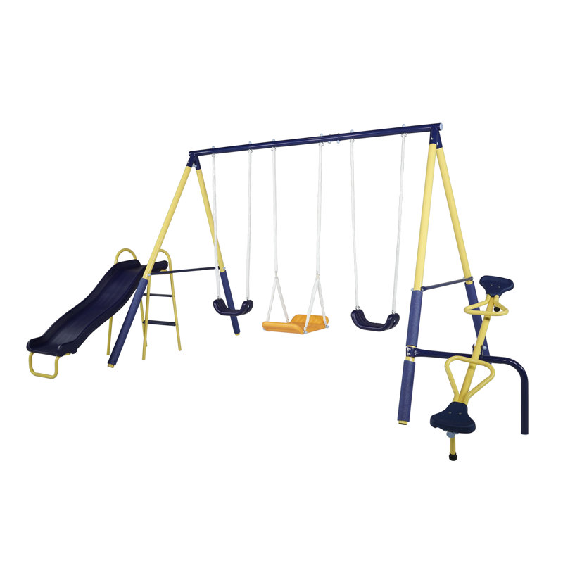 Yellow Metal Outdoor Swing Set with Slide and Teeter-Totter