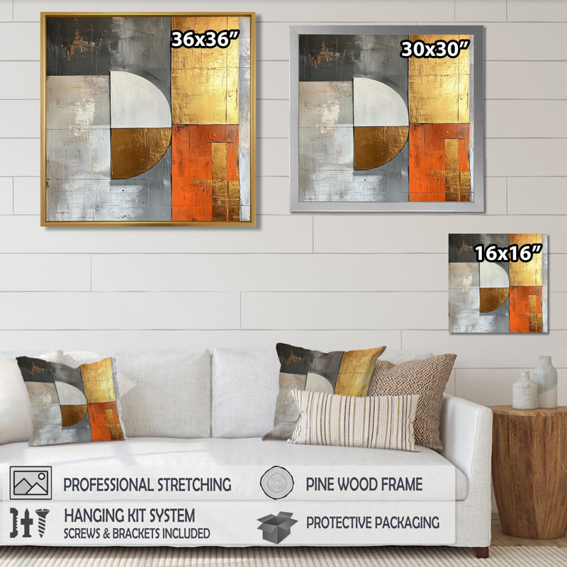 Forme géométrique abstraite géométrique or orange et gris II, H 30 po x l 30 po, Noir, noir, noir, noir