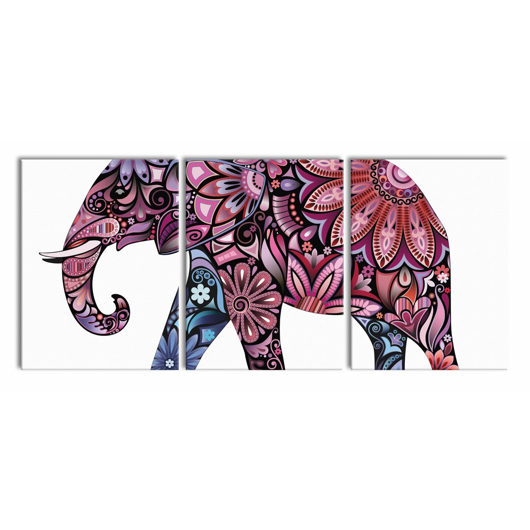 3-tlg. Leinwandbilder-Set Elefant mit Ornamenten