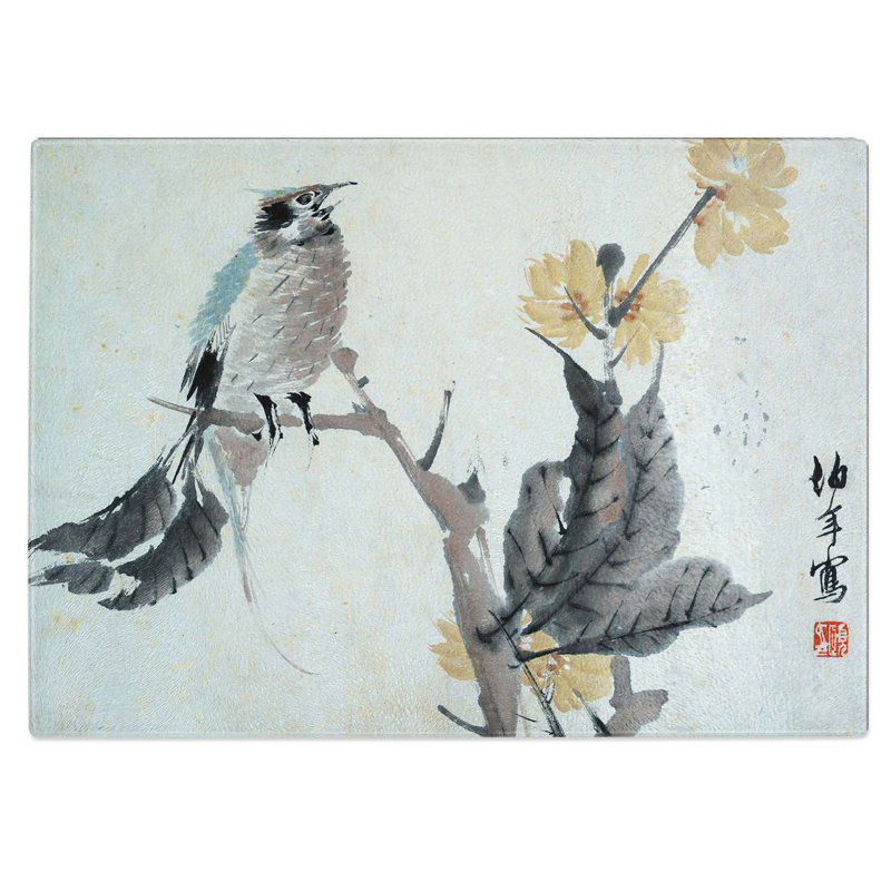 Tempered Glass Bird upon a Branch Chopping Board, 39 cm W x 28.5 cm L