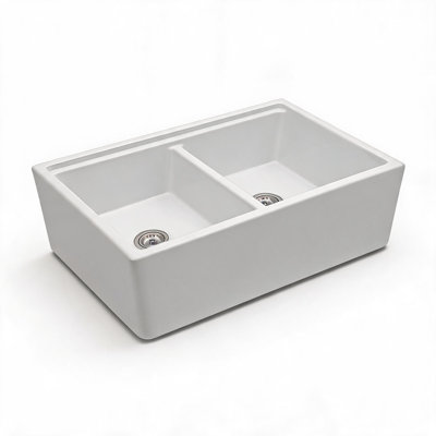 33 inch White Porcelain Ceramic Double Bowl Farmhouse Kitchen Sink Workstation with Cutting Board and Colander