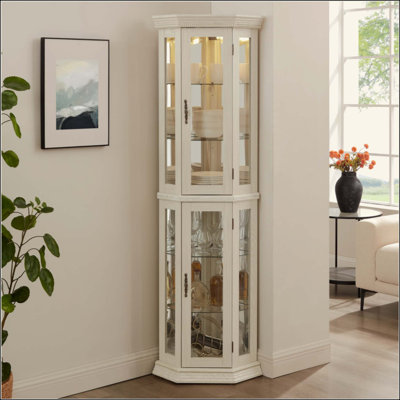 Lighted Corner Curio Cabinet - Glass Display Shelf With Tempered Glass Doors, Adjustable Shelving, And Included Bead Bulb - Ideal Bar Cabinet For Home Decor